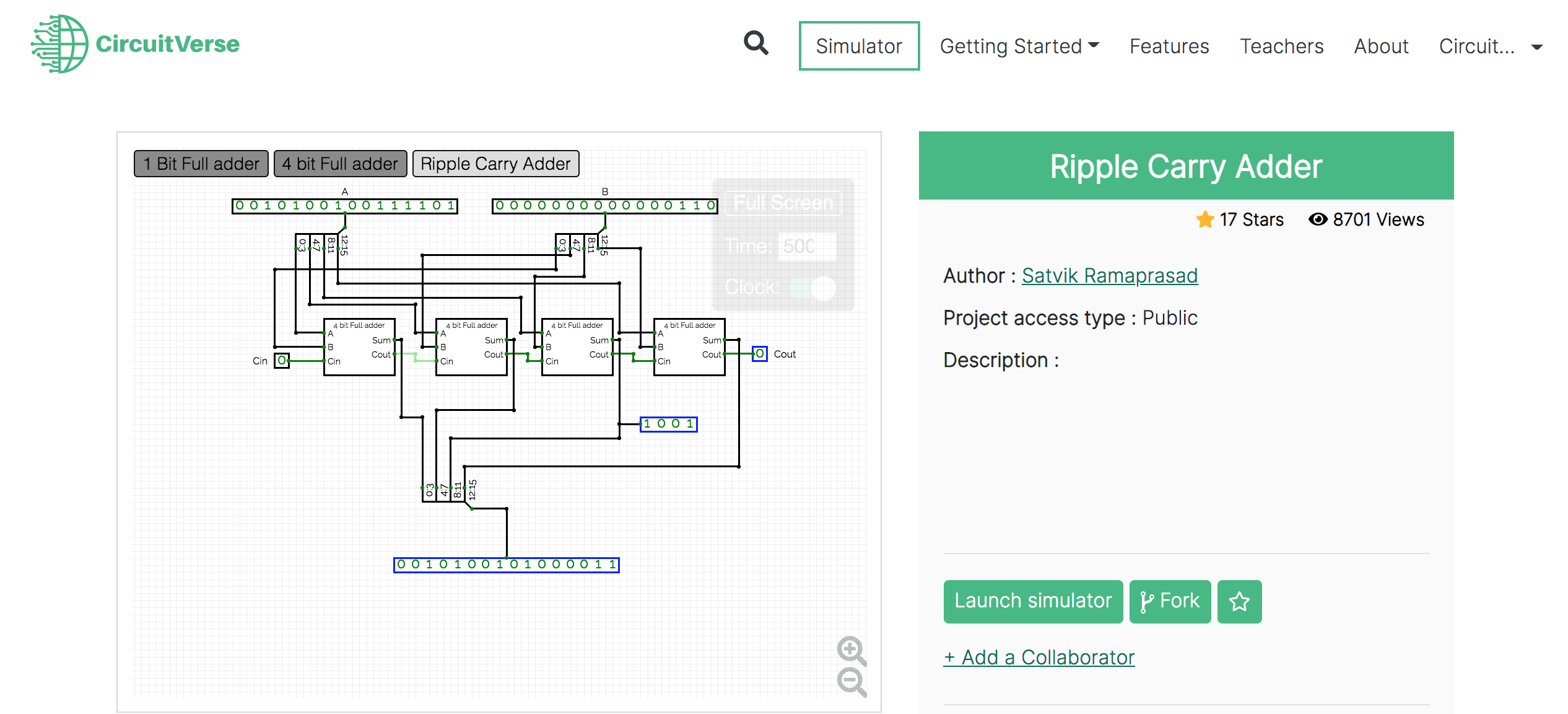Ripple Carry Adder simulation built using CircuitVerse